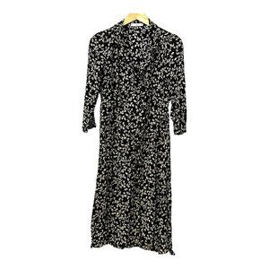 MNG Women's Shirt Dress Button Down Black Floral 3/4 Sleeve Size 4 Viscose